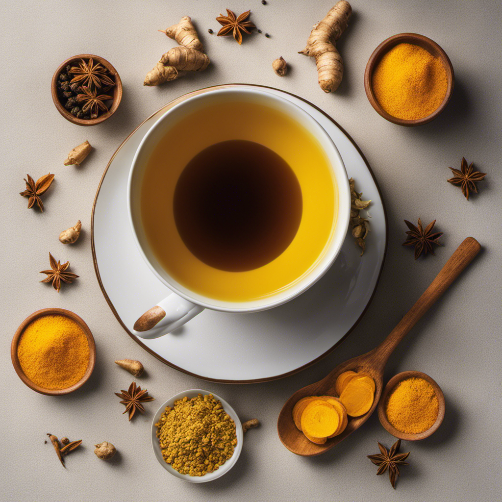 An image of a steaming cup of golden Turmeric Ginger Tea Organic, surrounded by vibrant fresh turmeric roots, ginger slices, and a sprinkle of black pepper, exuding warmth, health, and natural goodness