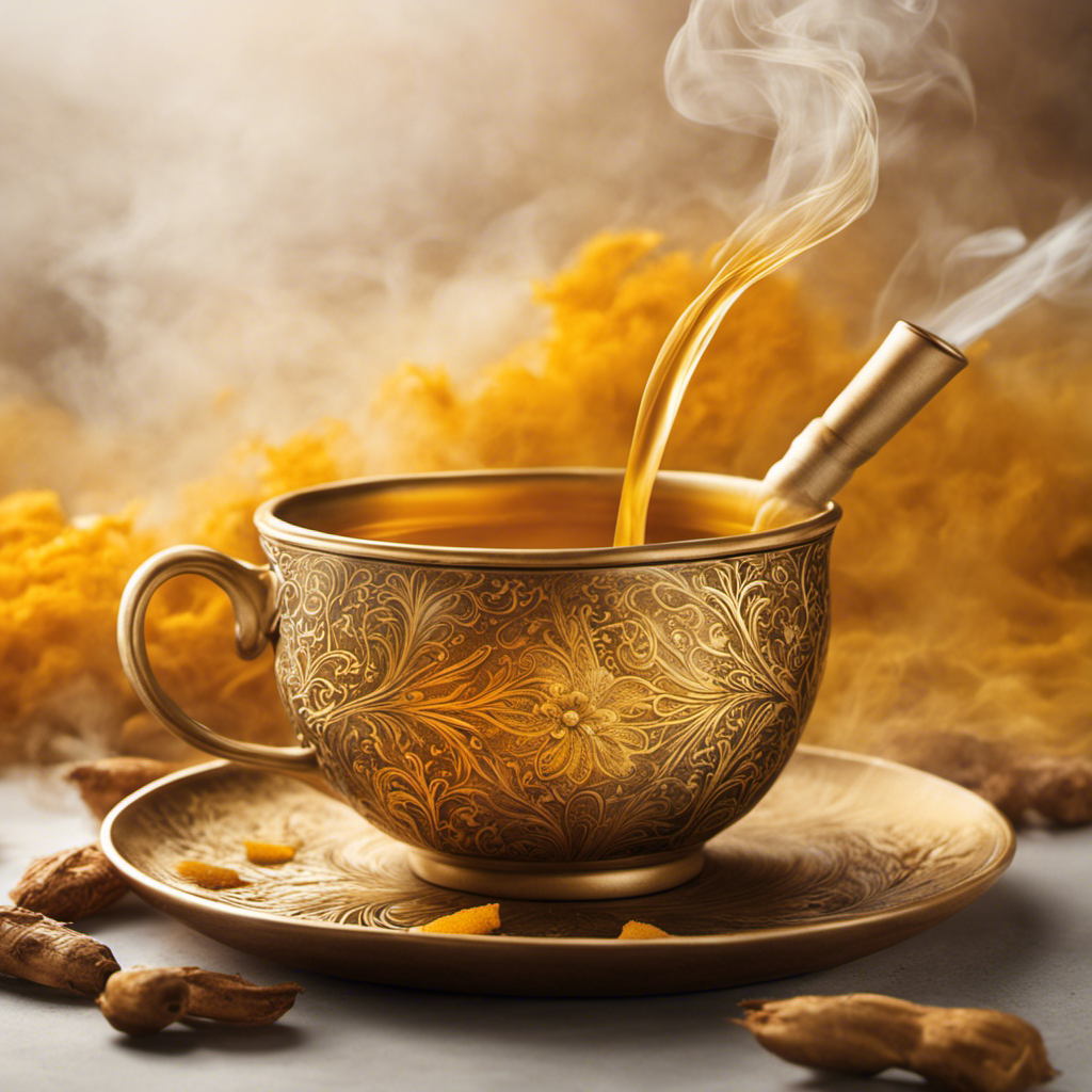 An image featuring a steaming cup of vibrant golden Turmeric Ginger Tea with delicate wisps of steam rising, showcasing the intricate patterns formed by swirling drops of tea, capturing the essence of its soothing aroma and healing properties