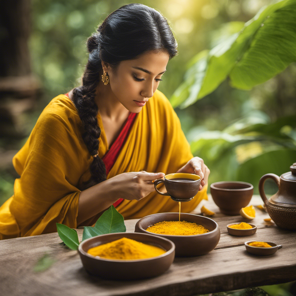 An image showcasing a serene morning scene: a woman calmly sipping a steaming cup of vibrant yellow turmeric ginger tea, surrounded by lush greenery and a scale subtly in the background