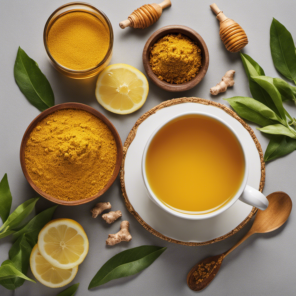 An image showcasing a vibrant cup of steaming turmeric tea, radiating a warm golden hue