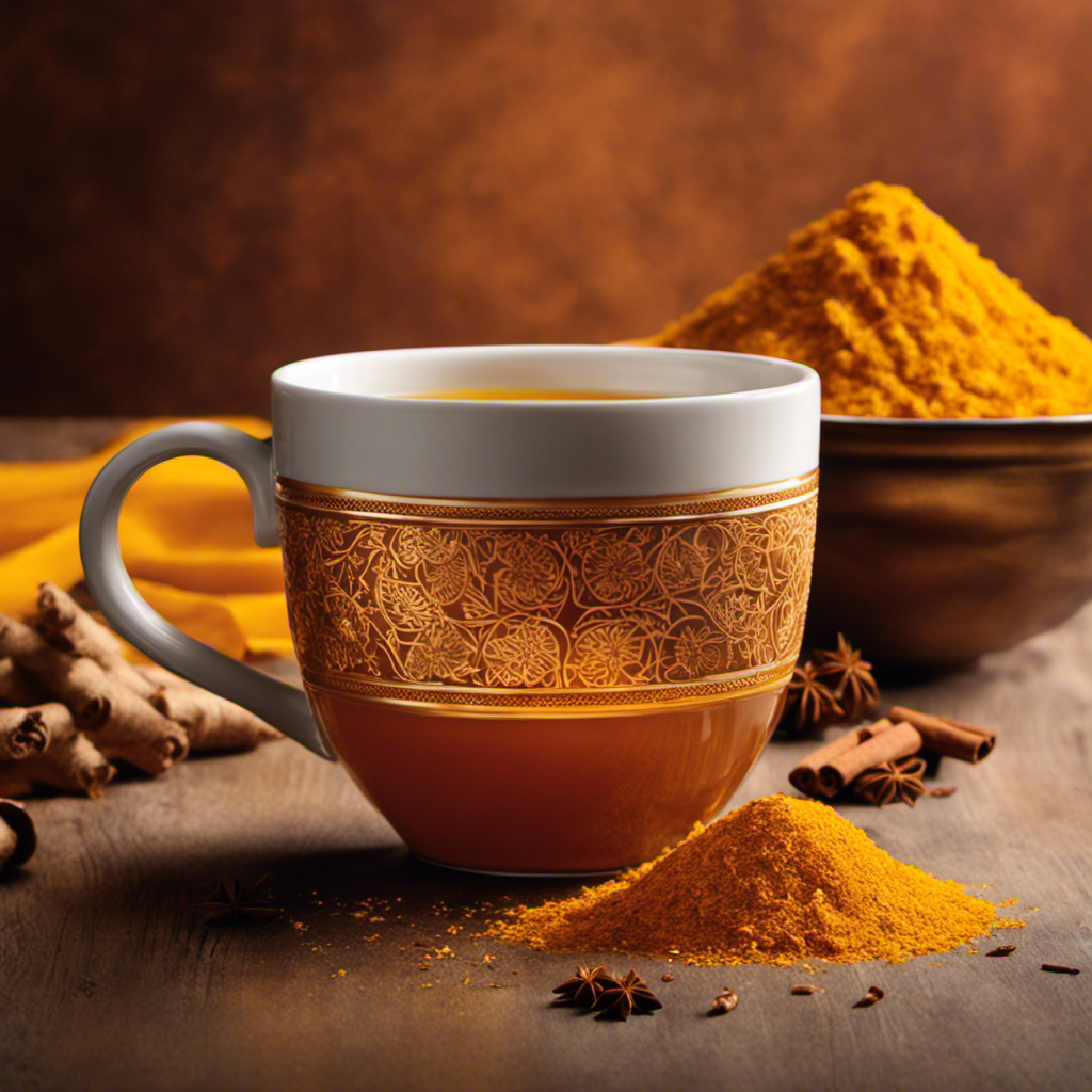 An image showcasing a steaming mug of Turmeric Golden Tea, radiating a warm, vibrant hue