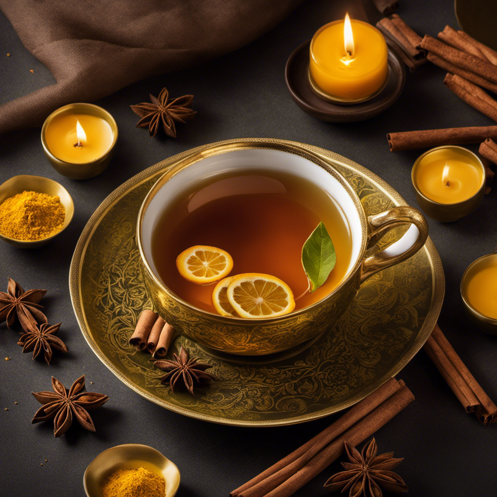 An image showcasing a serene teacup, brimming with vibrant golden turmeric green tea, surrounded by fragrant cinnamon sticks gently swirling in the steam, evoking a warm and comforting ambiance