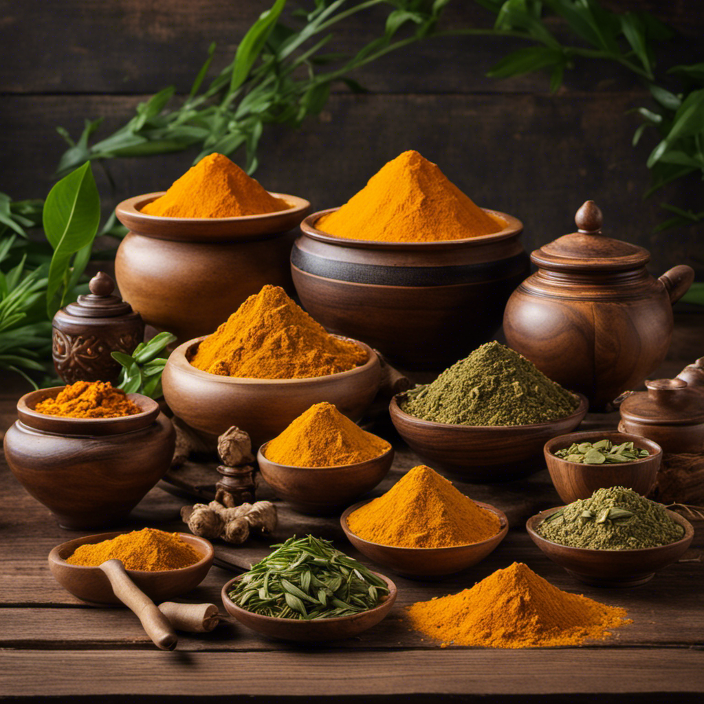 An image that showcases a vibrant collage of freshly ground turmeric, green tea leaves, slices of ginger, and aromatic cloves, arranged beautifully in a rustic wooden store display