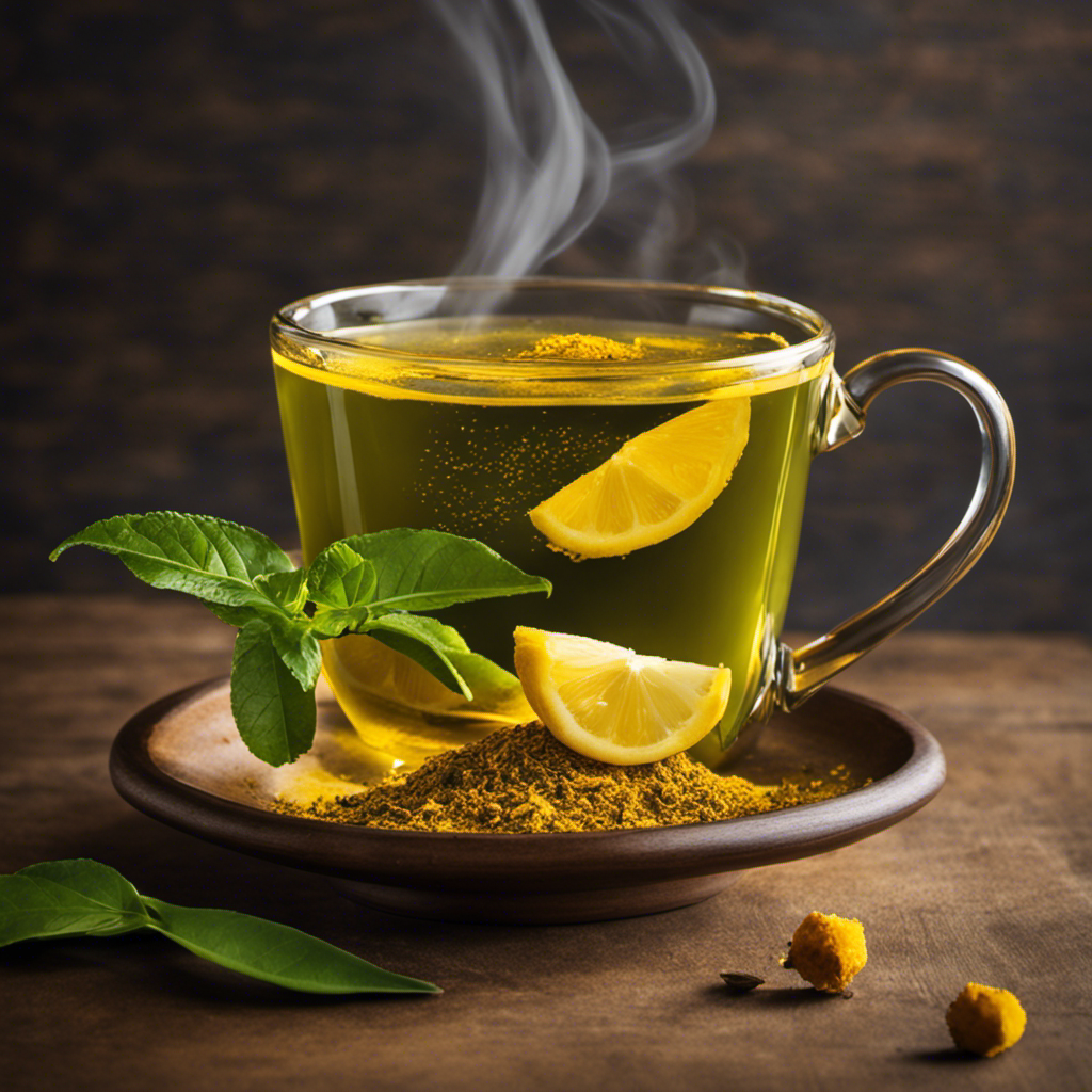 An image showcasing a vibrant mug filled with steaming turmeric green tea