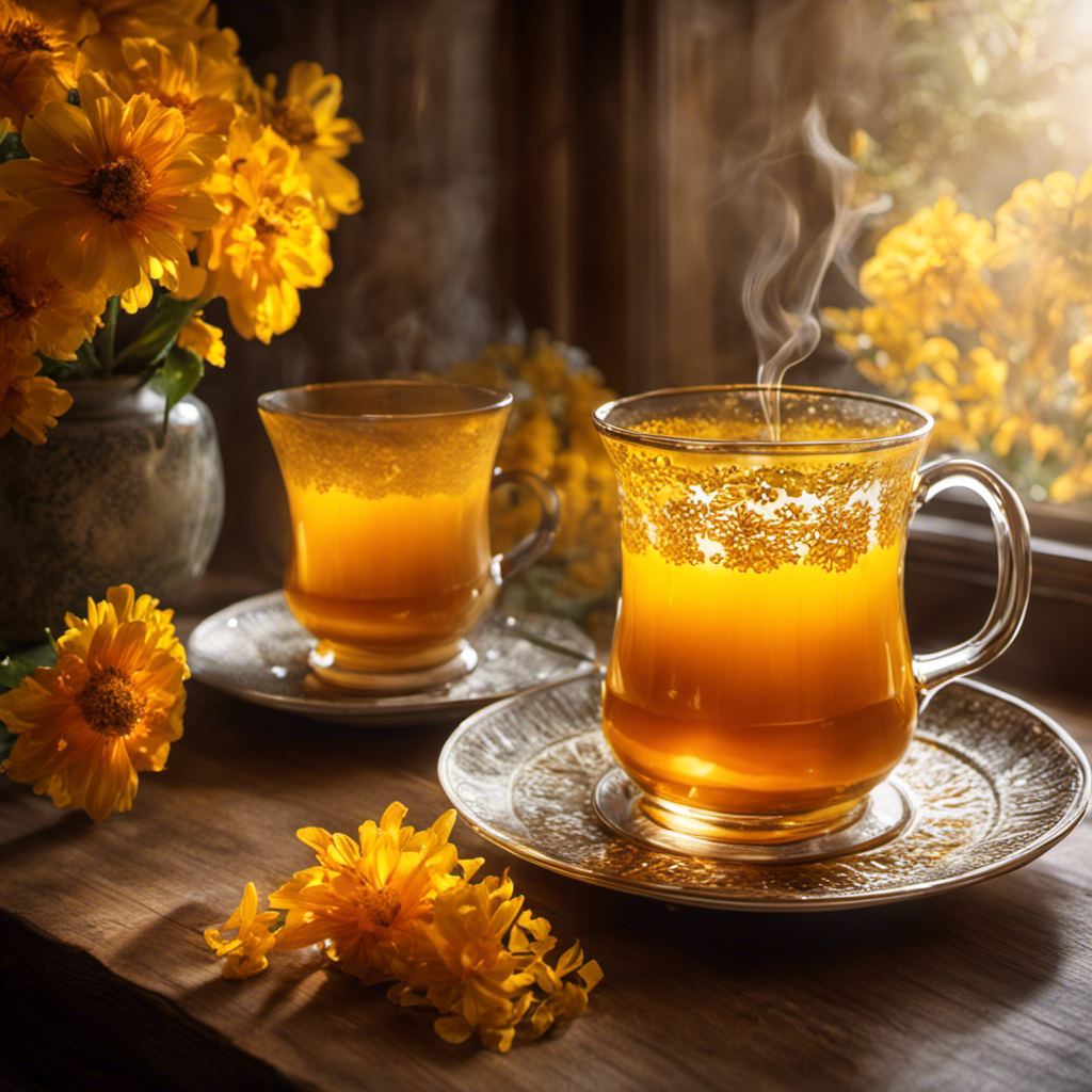 An image of a steaming cup of golden turmeric herbal tea, surrounded by vibrant yellow and orange flowers
