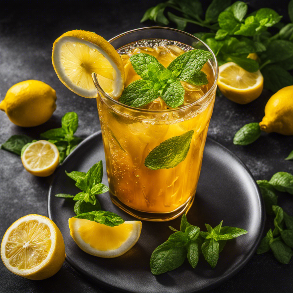 An image showcasing a refreshing glass of vibrant golden Turmeric Iced Tea, glistening with condensation, garnished with fresh lemon slices, mint leaves, and a drop of invigorating essential oil