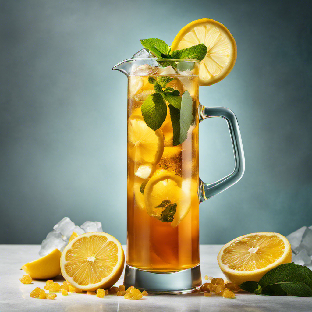 An image featuring a tall glass pitcher filled with vibrant golden Turmeric Iced Tea, adorned with floating slices of fresh lemon, sprigs of mint, and a scattering of crushed ice cubes