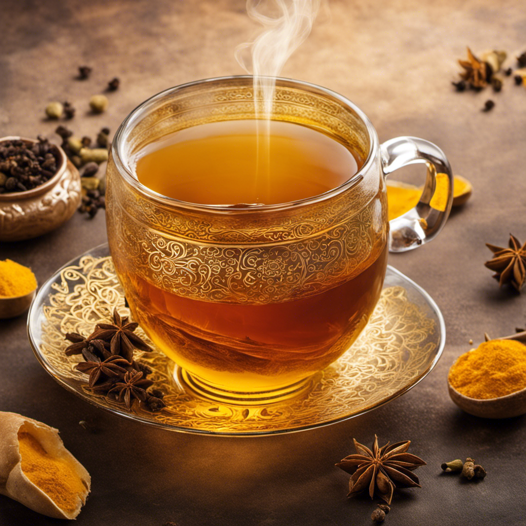 Nt image showcasing a steaming cup of golden-hued hot tea, infused with fragrant turmeric