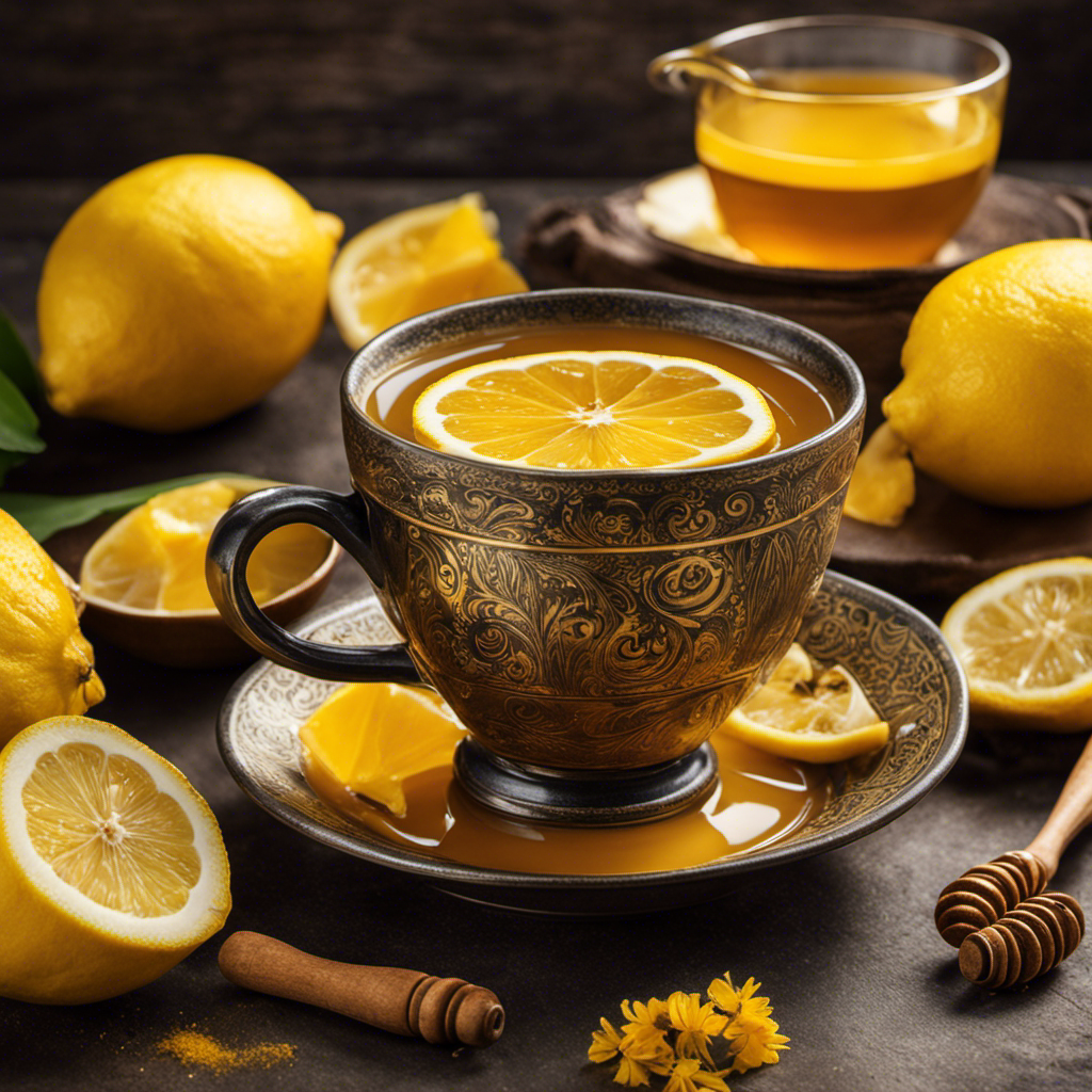 An image of a steaming cup of golden turmeric lemon and honey tea, radiating warmth and healing properties