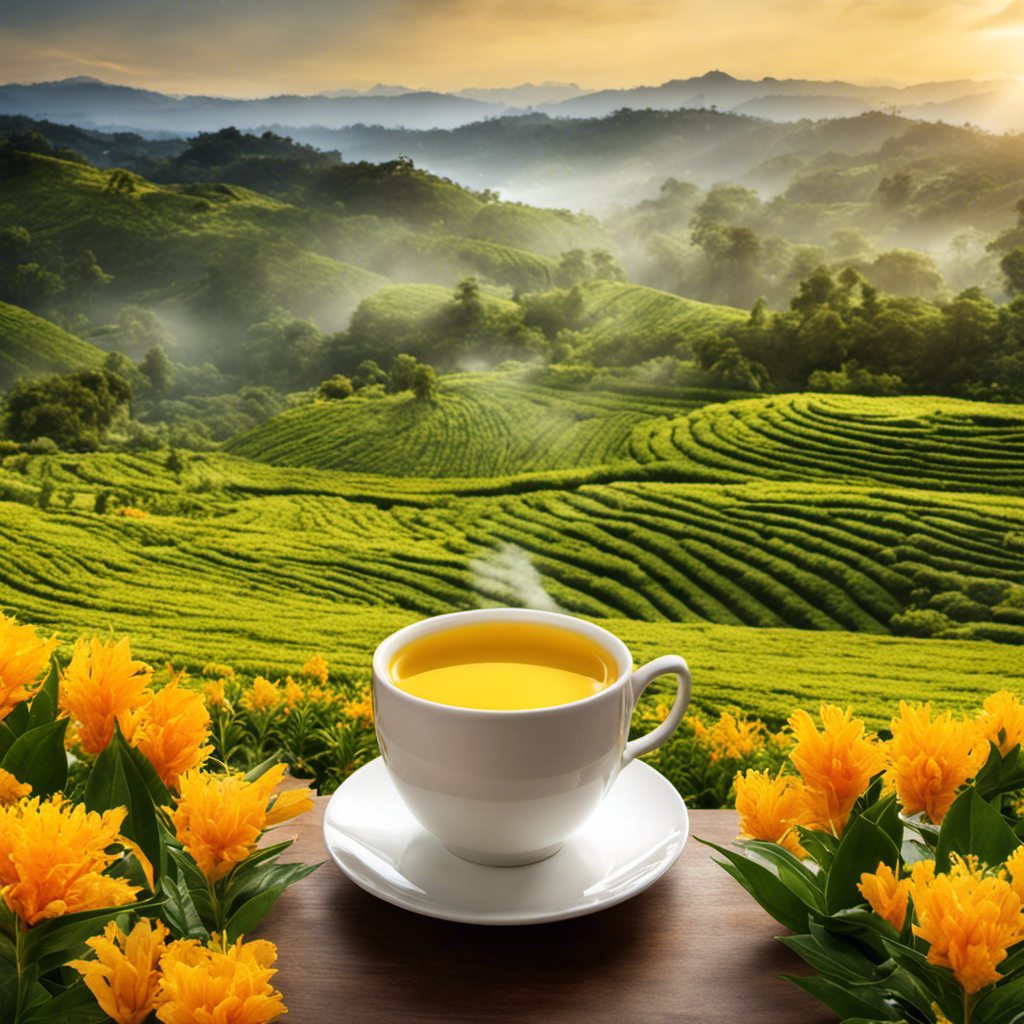 An image showcasing the vibrant golden hues of freshly brewed turmeric loose leaf tea, with delicate steam rising from a beautifully patterned teacup