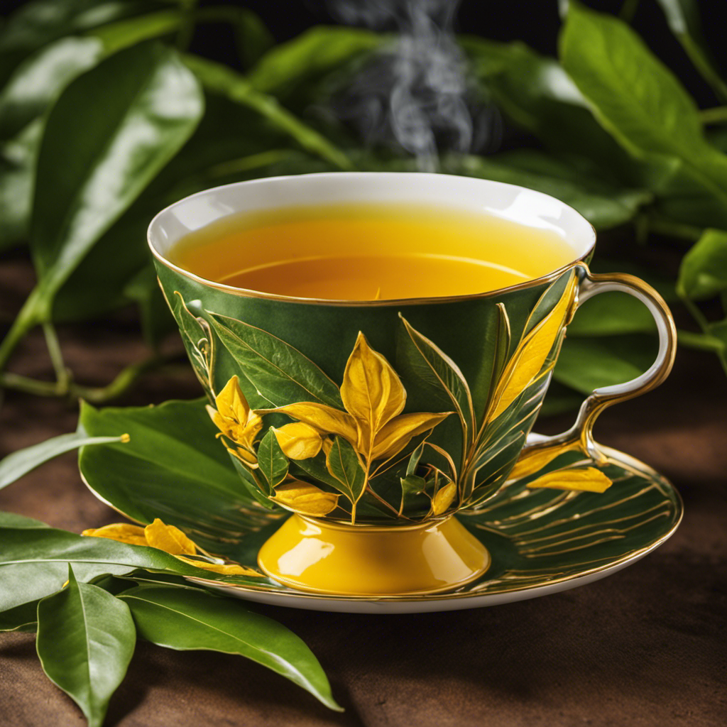An image of a vibrant yellow tea cup brimming with steaming Turmeric Malunggay Tea, adorned with delicate green Malunggay leaves