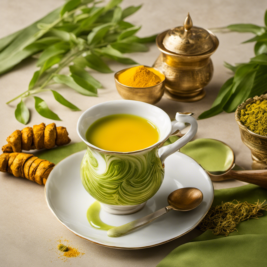 An image showcasing a vibrant cup of Turmeric Matcha Tea, steaming gently and illuminated by a soft morning light