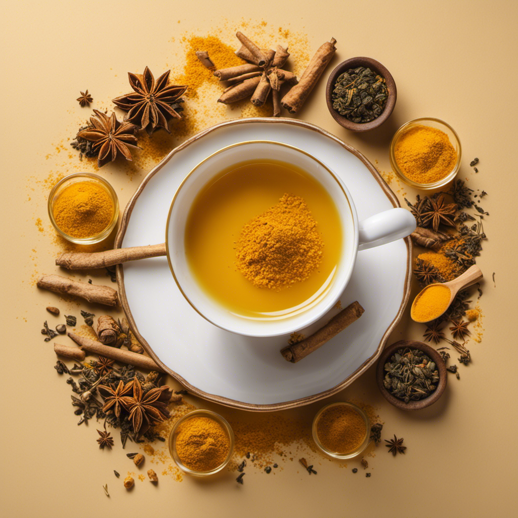 An image that showcases the vibrant golden hue of a steaming cup of turmeric medicinal tea, with wisps of aromatic steam curling above it, surrounded by freshly picked turmeric roots and crushed spices