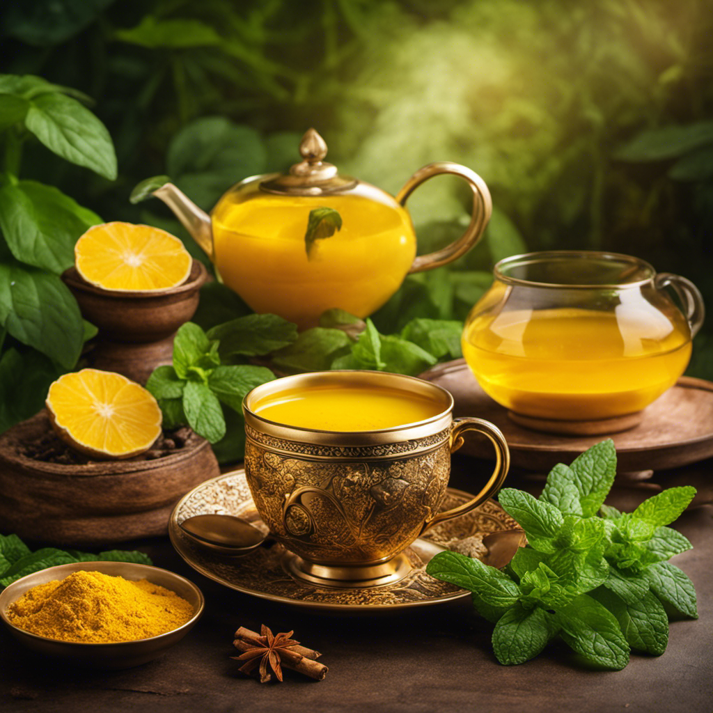 An image showcasing a steaming cup of vibrant yellow turmeric mint tea, adorned with fresh mint leaves, radiating a soothing, aromatic steam, against a backdrop of lush greenery and vibrant turmeric roots