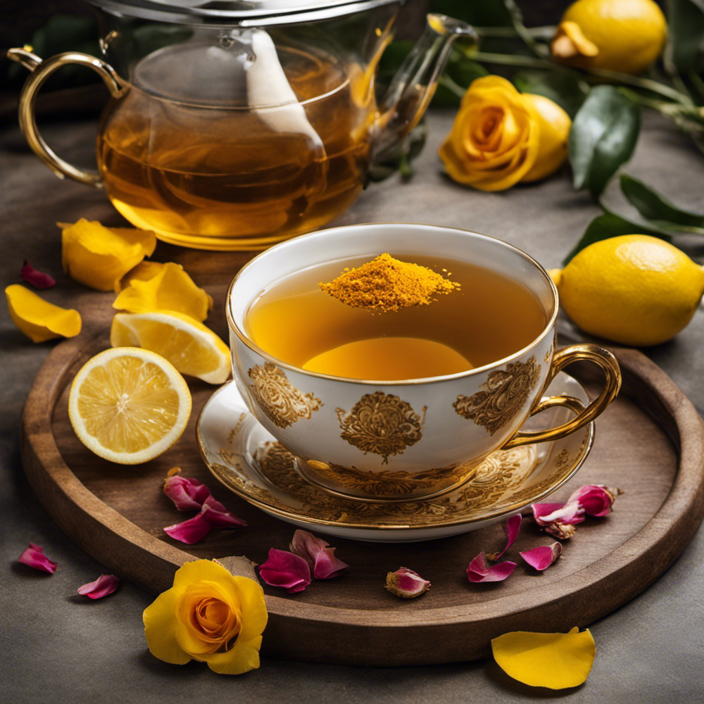 An image featuring a serene, rustic wooden table adorned with a vibrant, steaming cup of golden turmeric mixed tea