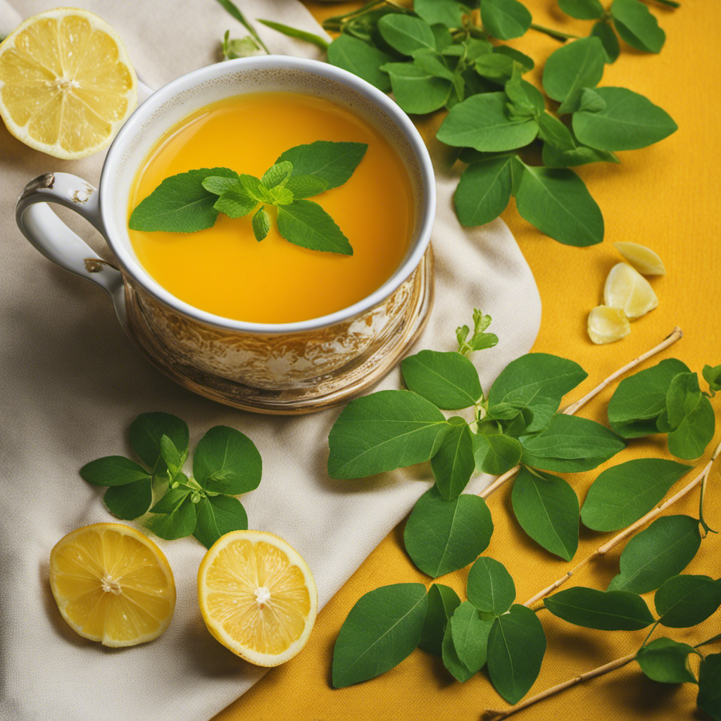 An image showcasing a vibrant cup of steaming Turmeric Moringa Tea, filled with warm hues of golden yellow and green