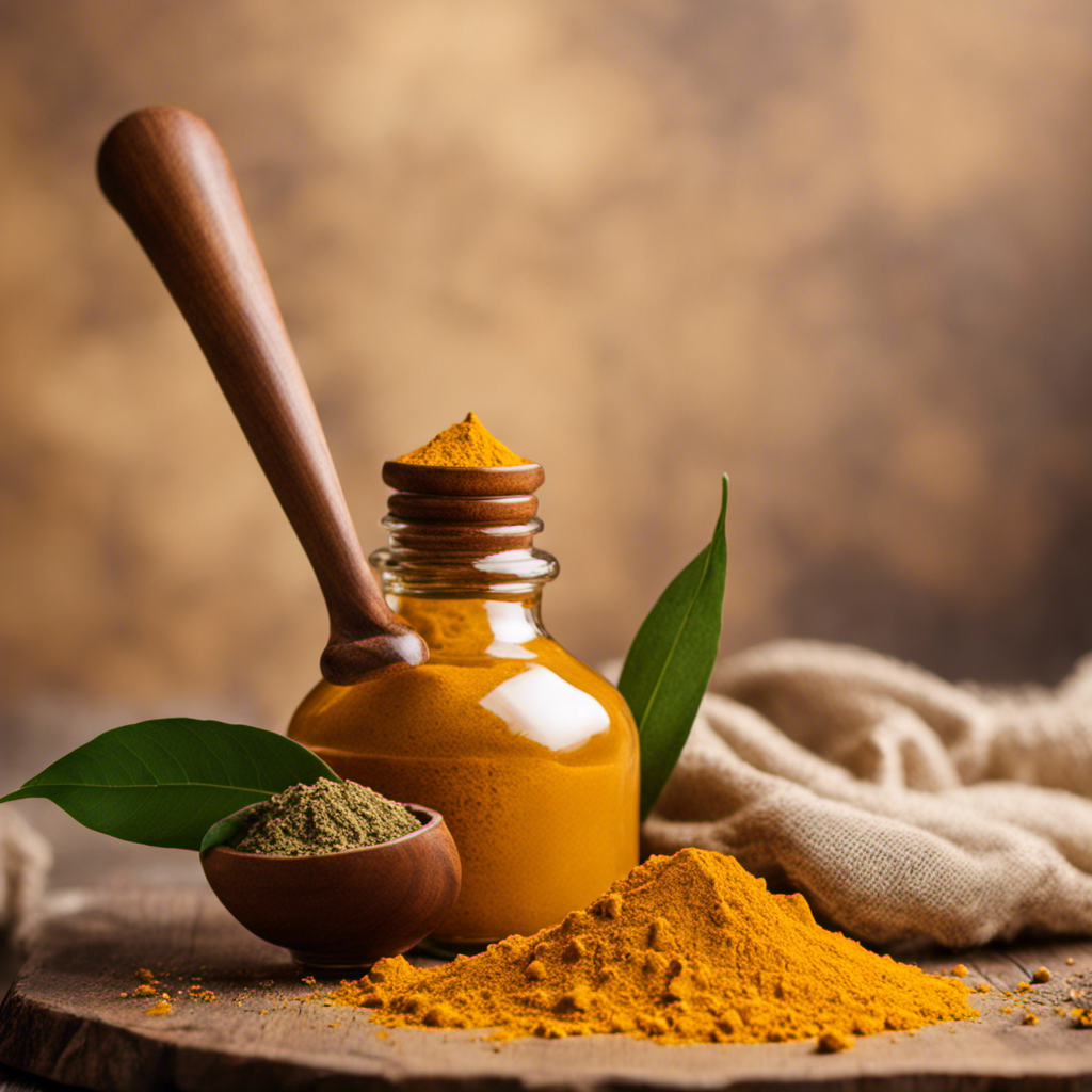An image showcasing the vibrant golden hues of turmeric, with freshly ground powder spilling onto a rustic wooden spoon