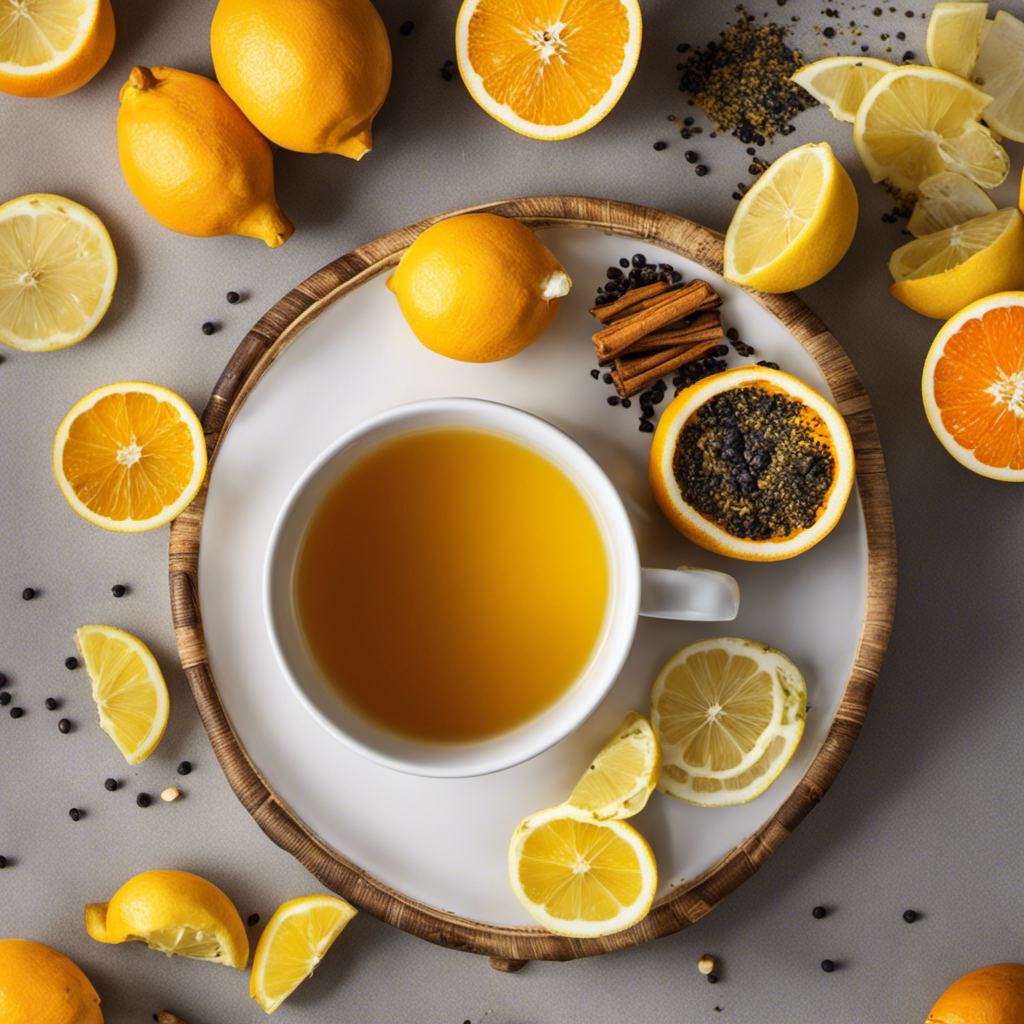 An image showcasing a steaming cup of vibrant orange turmeric tea, beautifully garnished with slices of fresh lemon and a sprinkle of crushed black pepper, inviting readers to discover the numerous health benefits it offers