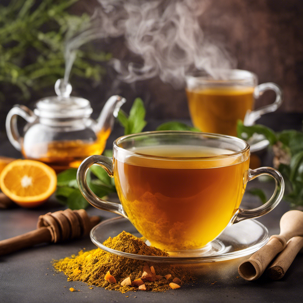 An image showcasing the soothing properties of Turmeric Peppermint Tea for Face: a serene close-up of a steaming teacup enveloped in aromatic mist, with vibrant orange and refreshing green hues