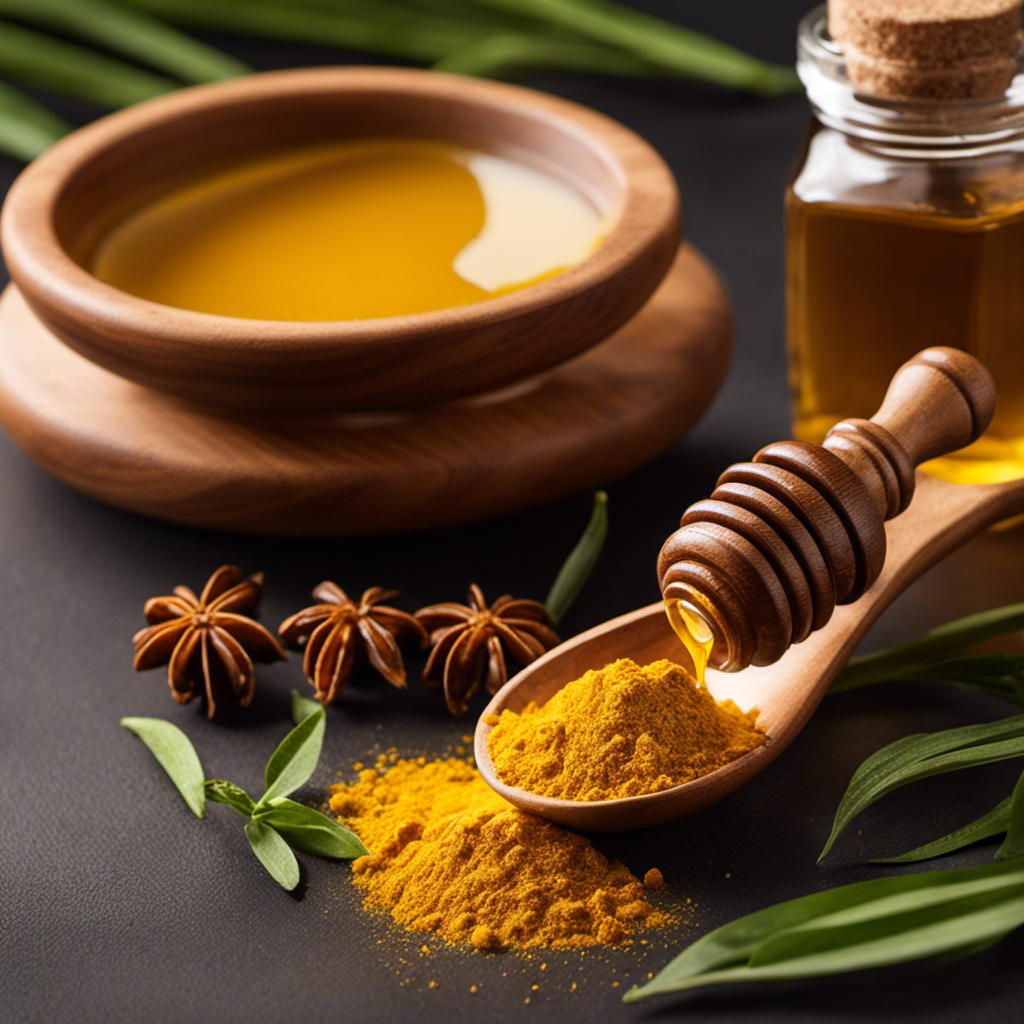An image showcasing a wooden spoon sprinkling golden turmeric powder and baking soda onto a spoonful of amber honey, complemented by a drop of tea tree oil, forming a harmonious blend of natural remedies