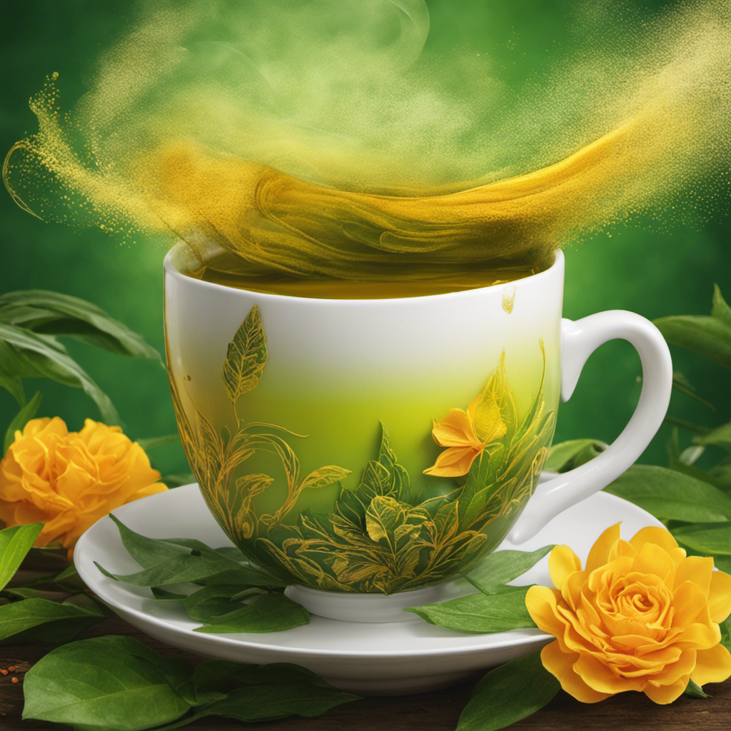 An image capturing the tranquil beauty of a steaming cup of green tea infused with vibrant turmeric powder
