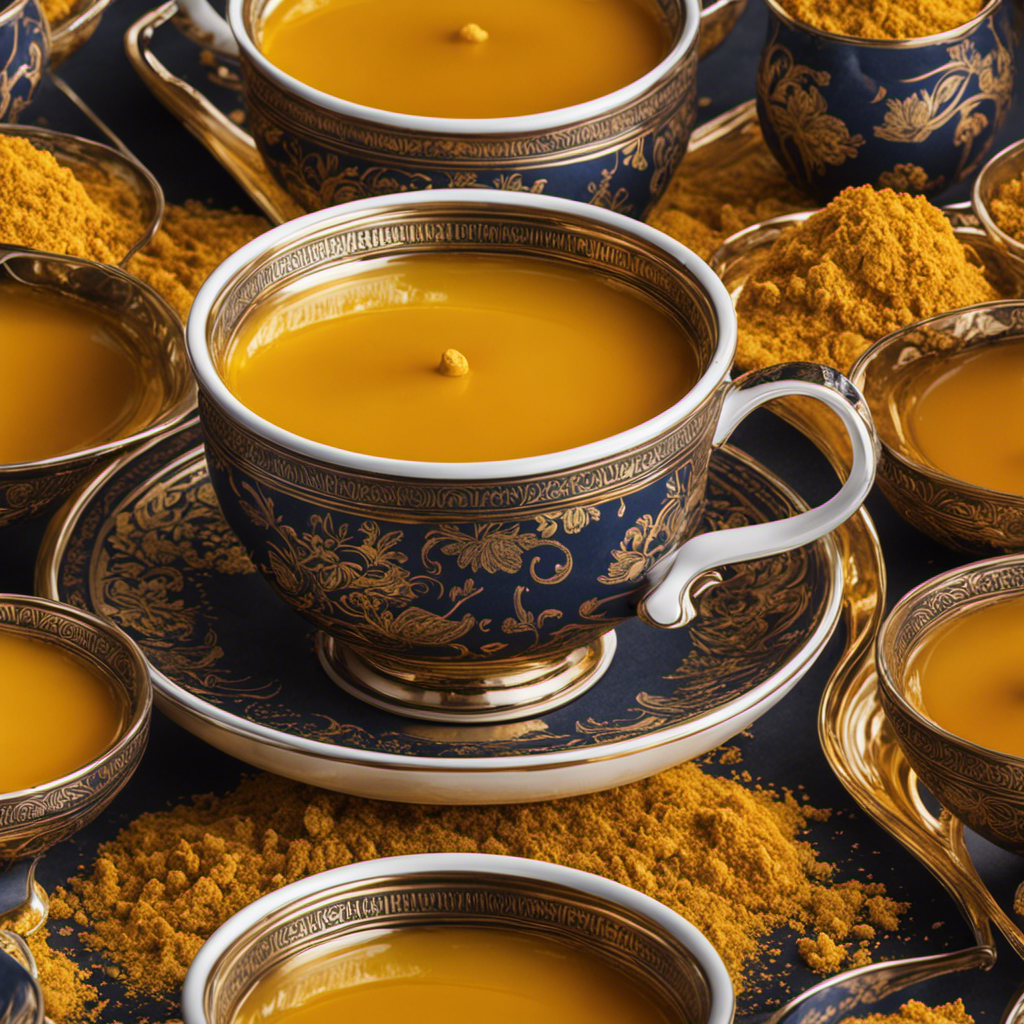 An image capturing the vibrant dance of golden turmeric powder swirling delicately into a steaming cup of tea, as tendrils of aromatic warmth embrace the liquid, inviting a journey of soothing flavors and vibrant wellness