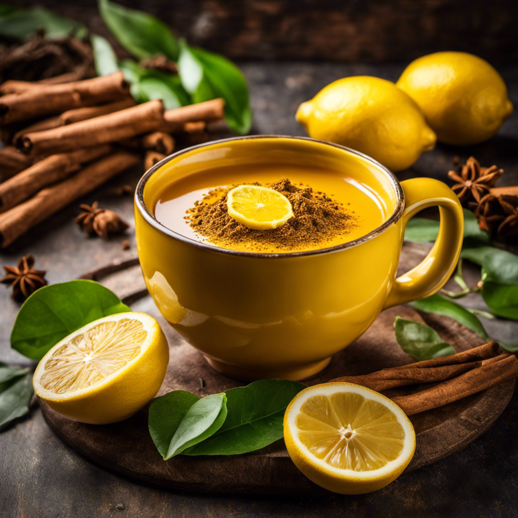 An image of a vibrant yellow mug filled with steaming turmeric powder tea, surrounded by fresh lemon slices, a sprinkle of cinnamon, and a few green leaves, showcasing a healthy and invigorating beverage for weight loss