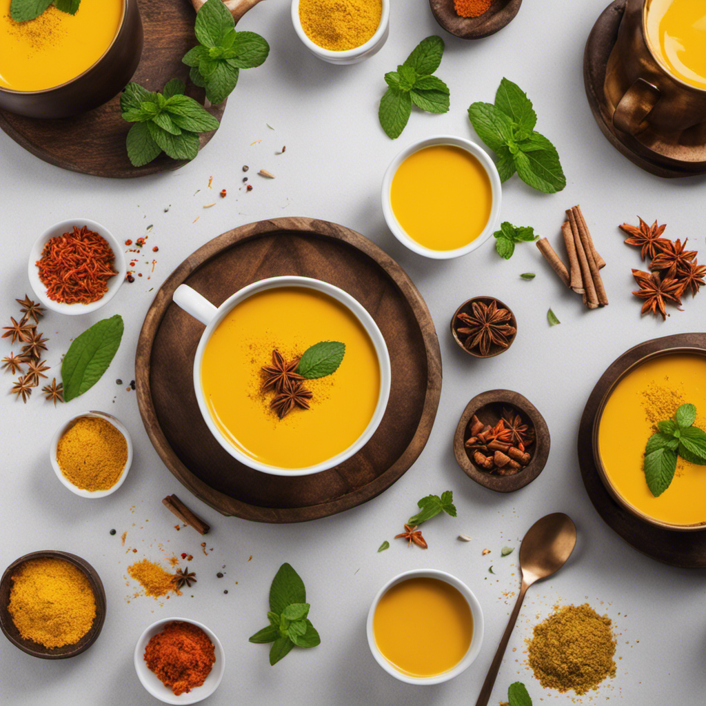 An image showcasing a steaming cup of golden-hued Turmeric Powder and Coconut Milk Tea, adorned with delicate saffron strands, surrounded by vibrant spices, and accompanied by a sprig of fresh mint