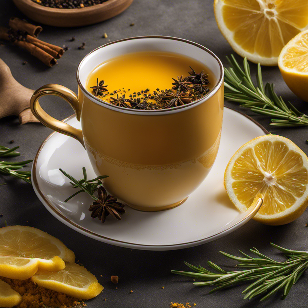 An image showcasing a steaming cup of turmeric hot tea, beautifully garnished with a sprinkle of freshly ground black pepper, a slice of lemon, and a sprig of fragrant rosemary