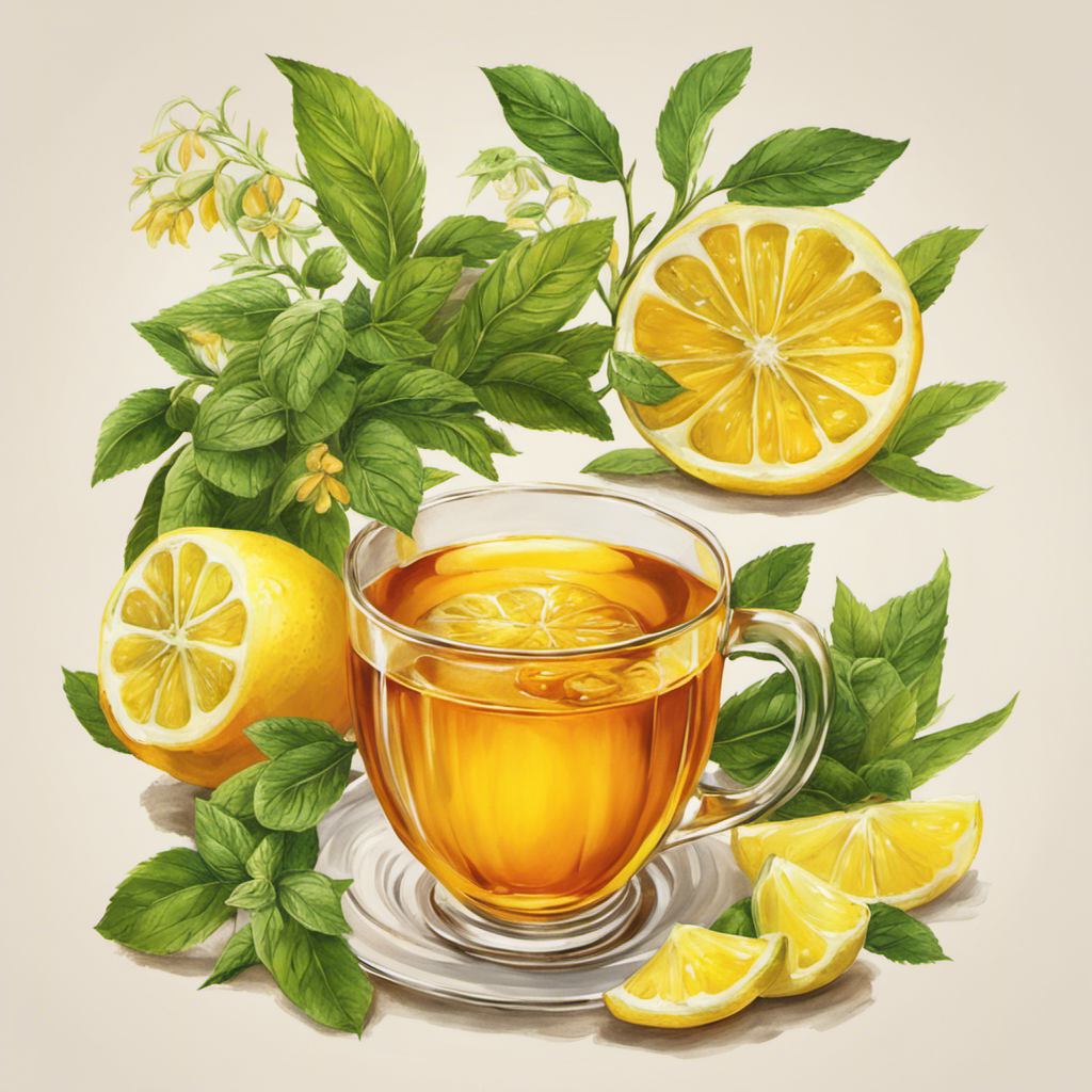 An image showcasing a vibrant cup of Turmeric Root Tea Yerba: a steamy, golden-hued brew swirling in a glass mug adorned with fresh lemon slices and sprigs of fragrant mint