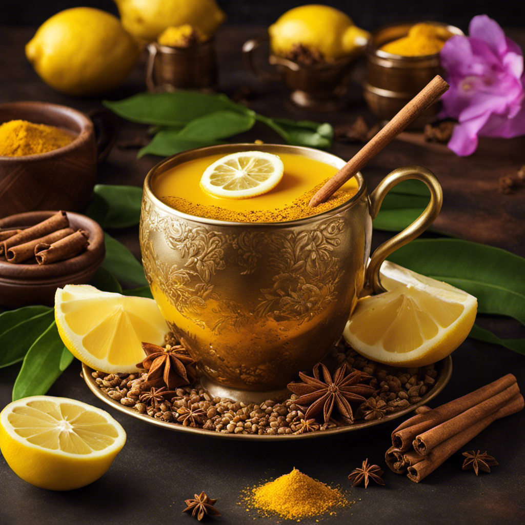An image showcasing a steaming cup of golden turmeric root tea, adorned with a slice of fresh lemon and a sprinkle of cinnamon