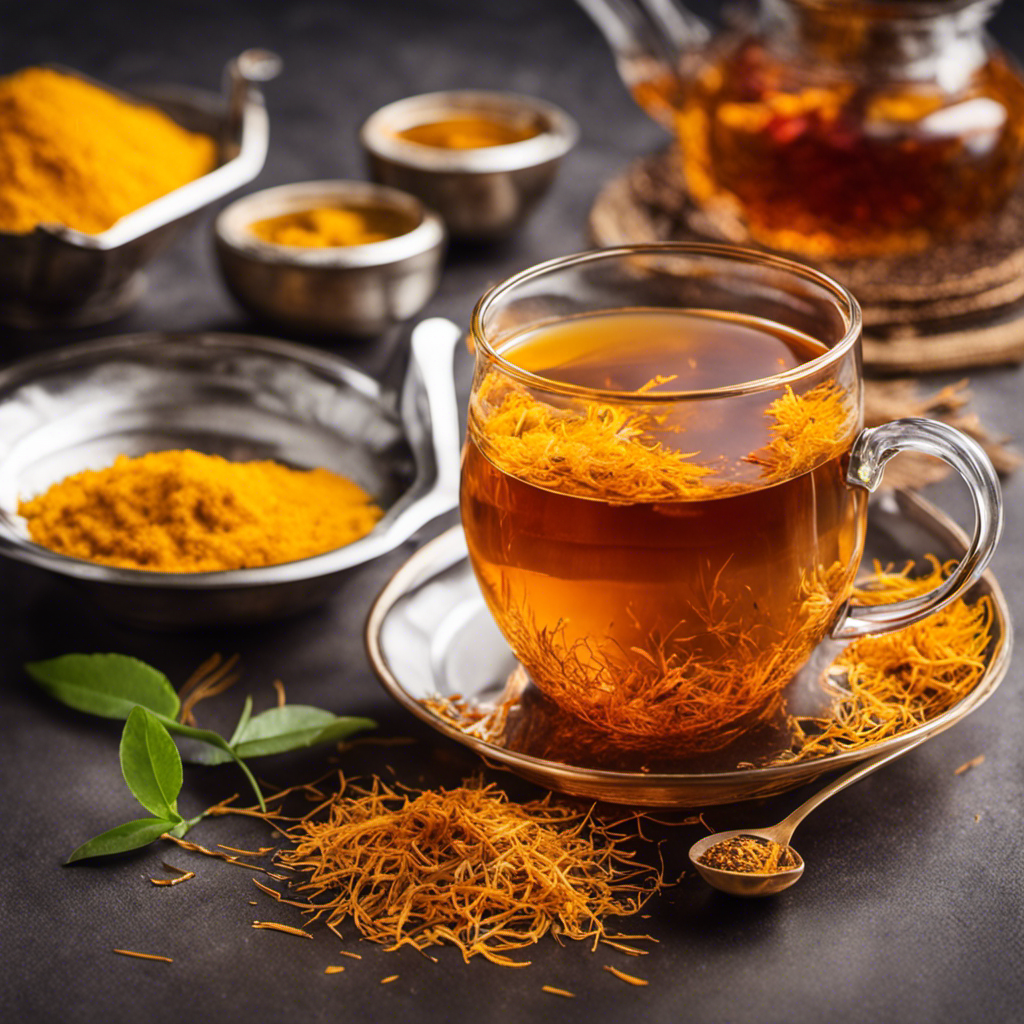 An image showcasing a steaming cup of vibrant golden Turmeric Saffron Tea, rich in antioxidants