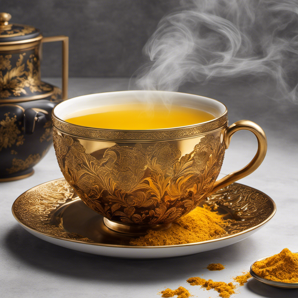 An image that showcases a steaming cup of Turmeric Senna Tea, capturing the vibrant golden hue of the tea, with delicate wisps of steam rising from the surface, invoking a sense of warmth and comfort