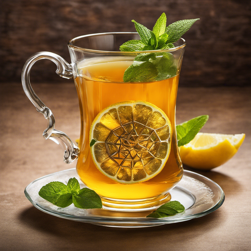 An image showcasing a steaming cup of vibrant golden turmeric tea, adorned with a sprig of fresh mint and a slice of lemon