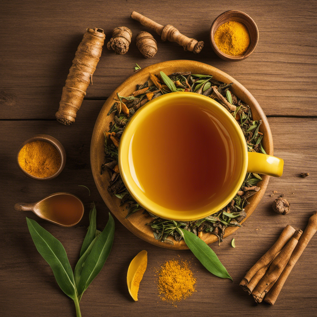 An image depicting a soothing cup of turmeric tea, steaming gently in a vibrant yellow mug