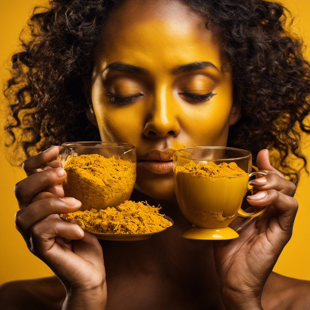 An image of a person holding a steaming cup of turmeric tea, surrounded by vibrant yellow turmeric roots, while their face shows a mixture of redness, swelling, and discomfort, emphasizing the topic of turmeric tea allergies
