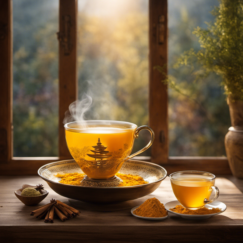 An image capturing a serene scene of a steaming cup of golden turmeric tea, gently swirling with fragrant spices, as morning sunlight filters through a window, illuminating the healing properties of this ancient remedy