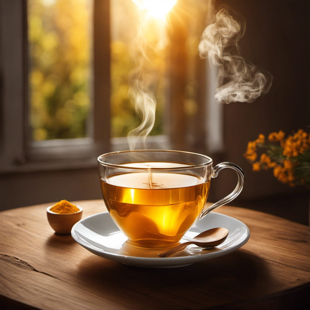 An image showcasing a serene, sunlit room with a comforting cup of warm turmeric tea placed on a wooden table