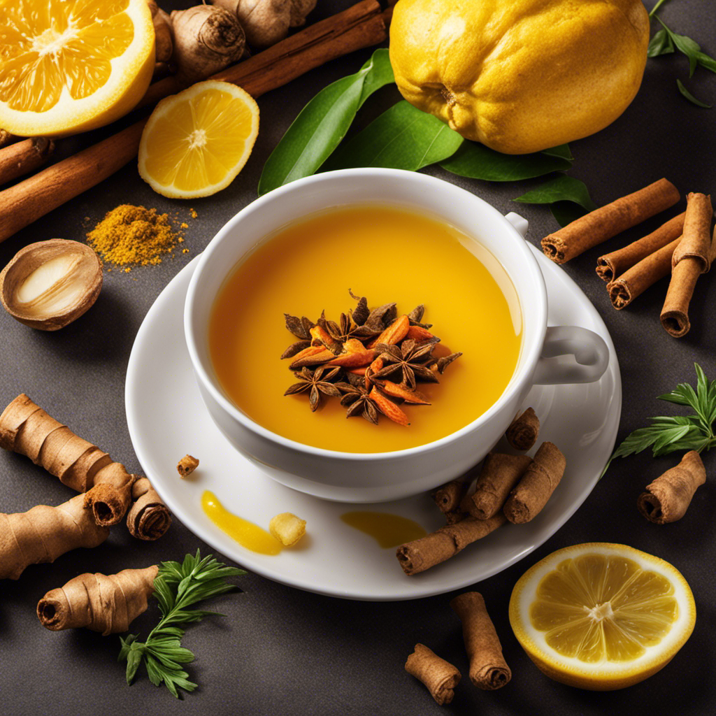 An image showcasing a vibrant cup of steaming turmeric tea, rich in golden hues, surrounded by fresh ingredients like ginger, cinnamon, and lemon, evoking a sense of warm relaxation and potential health benefits for blood pressure