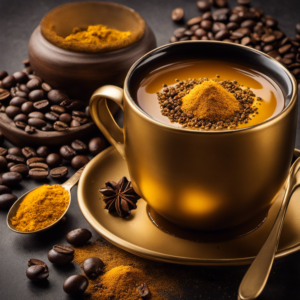 An image showcasing a vibrant golden cup of steaming turmeric tea, adorned with a sprinkle of freshly ground black pepper and a delicate tea bag, placed beside a small espresso cup filled with rich, aromatic coffee beans