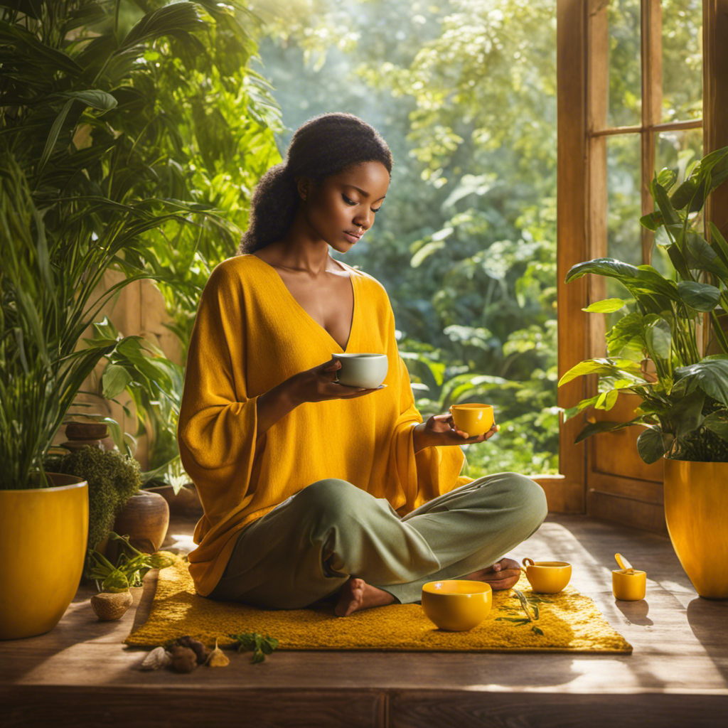 An image featuring a serene, sunlit room with a person sitting cross-legged, sipping turmeric tea from a vibrant yellow cup
