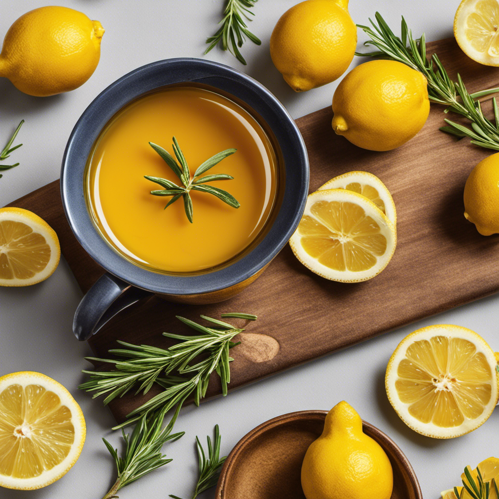 An image that showcases a steaming cup of vibrant yellow turmeric tea, surrounded by freshly sliced lemons and a sprig of rosemary, evoking feelings of warmth, rejuvenation, and enhanced memory function