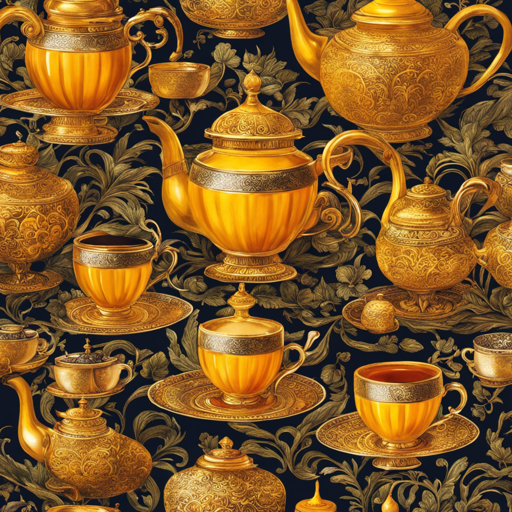 An image that showcases the vibrant hues of golden turmeric tea and the traditional charm of a samovar, evoking a serene ambiance with swirling steam and delicate tea cups