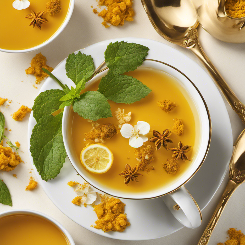 An image that showcases a soothing cup of golden turmeric tea, steaming gently in a delicate porcelain mug