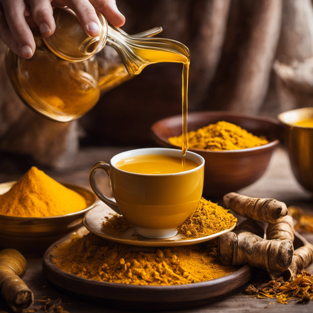 An image showcasing a warm cup of golden turmeric tea, gently steaming, surrounded by vibrant yellow turmeric roots, while a person with a serene expression enjoys a soothing sip, symbolizing the potential benefits of turmeric tea for asthma relief