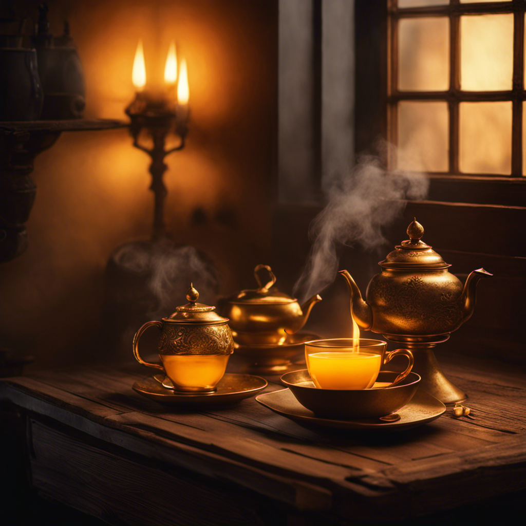 An image of a cozy corner in a dimly lit room, with a steaming cup of golden turmeric tea resting on a wooden table