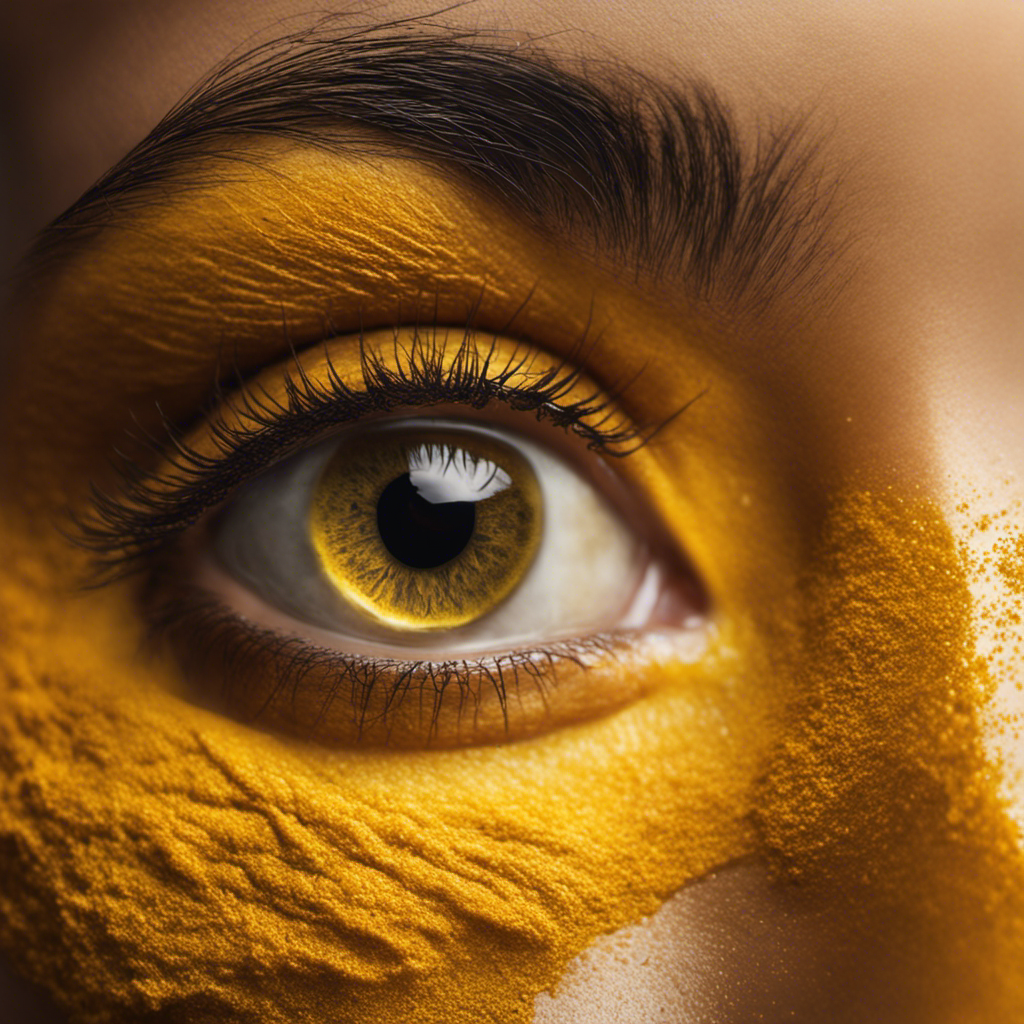 An image showcasing a close-up of a soothing turmeric tea bag gently pressed against a chalazion on an eyelid, with vibrant yellow hues and steam rising, evoking a calming and healing sensation
