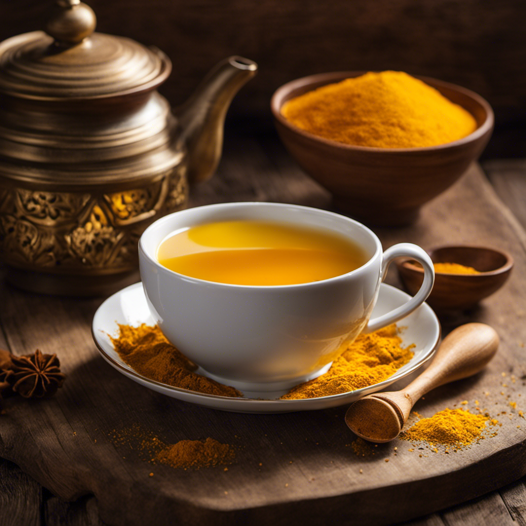 An image featuring a vibrant cup of steaming turmeric tea, surrounded by delicate tea bags filled with golden turmeric powder