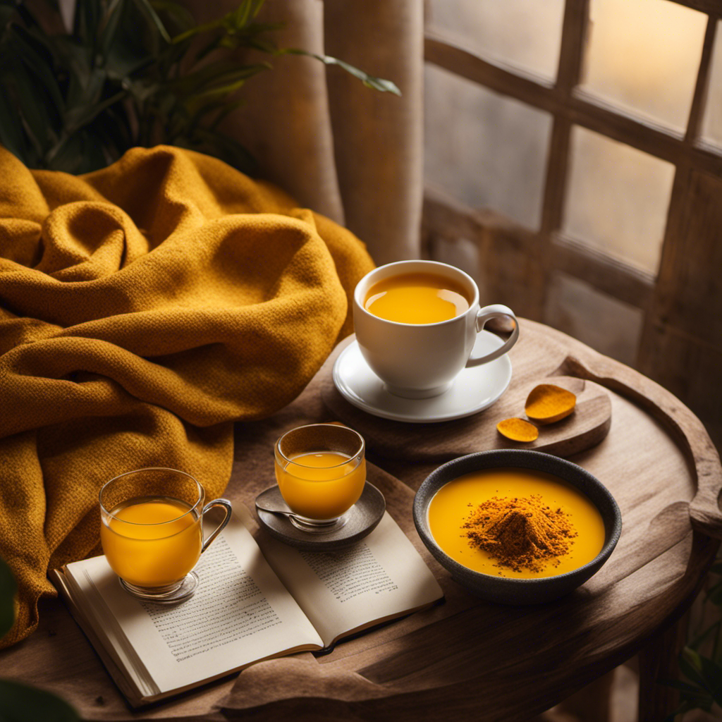 An image that depicts a serene setting with a warm cup of golden turmeric tea, surrounded by calming elements like a cozy blanket, soft lighting, and a book, symbolizing the soothing effects of turmeric tea on anxiety