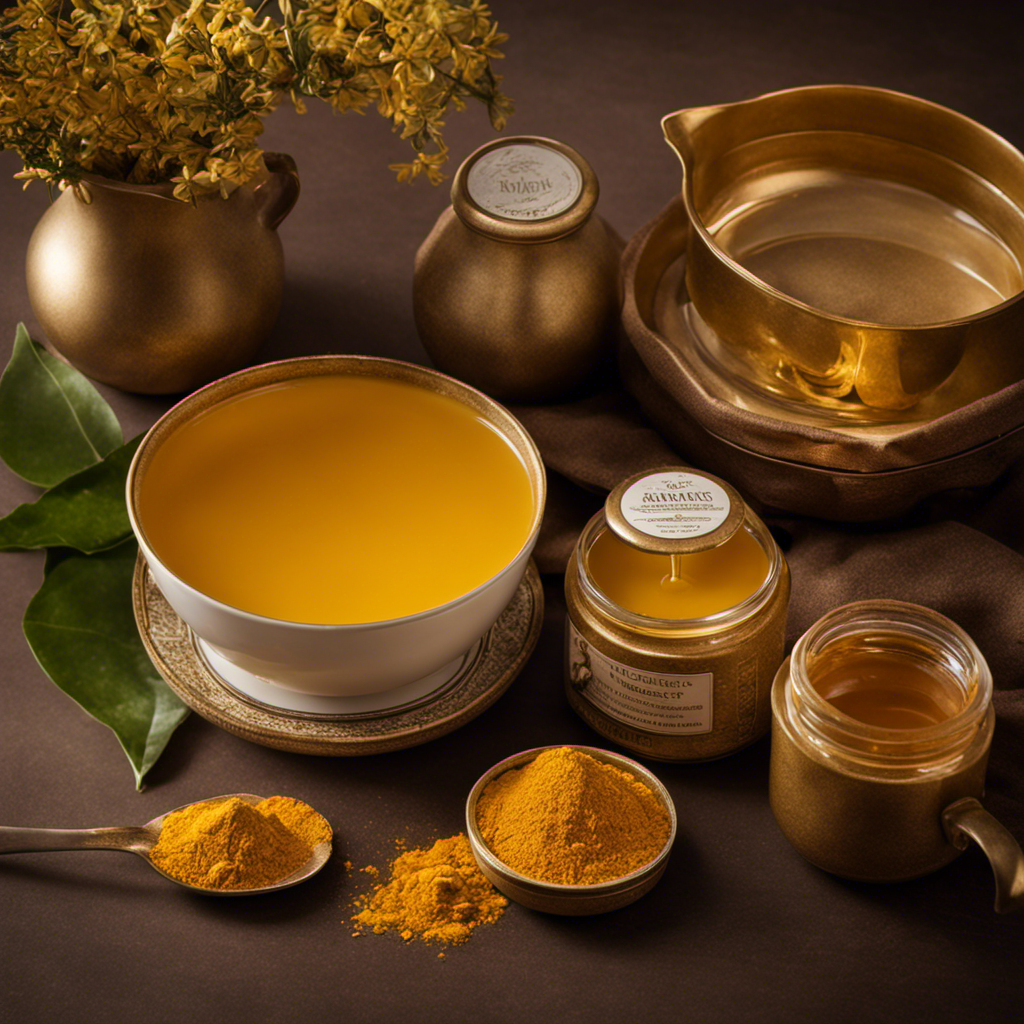 An image showcasing the radiant glow of a woman's flawless skin, enhanced by the golden hues of turmeric tea